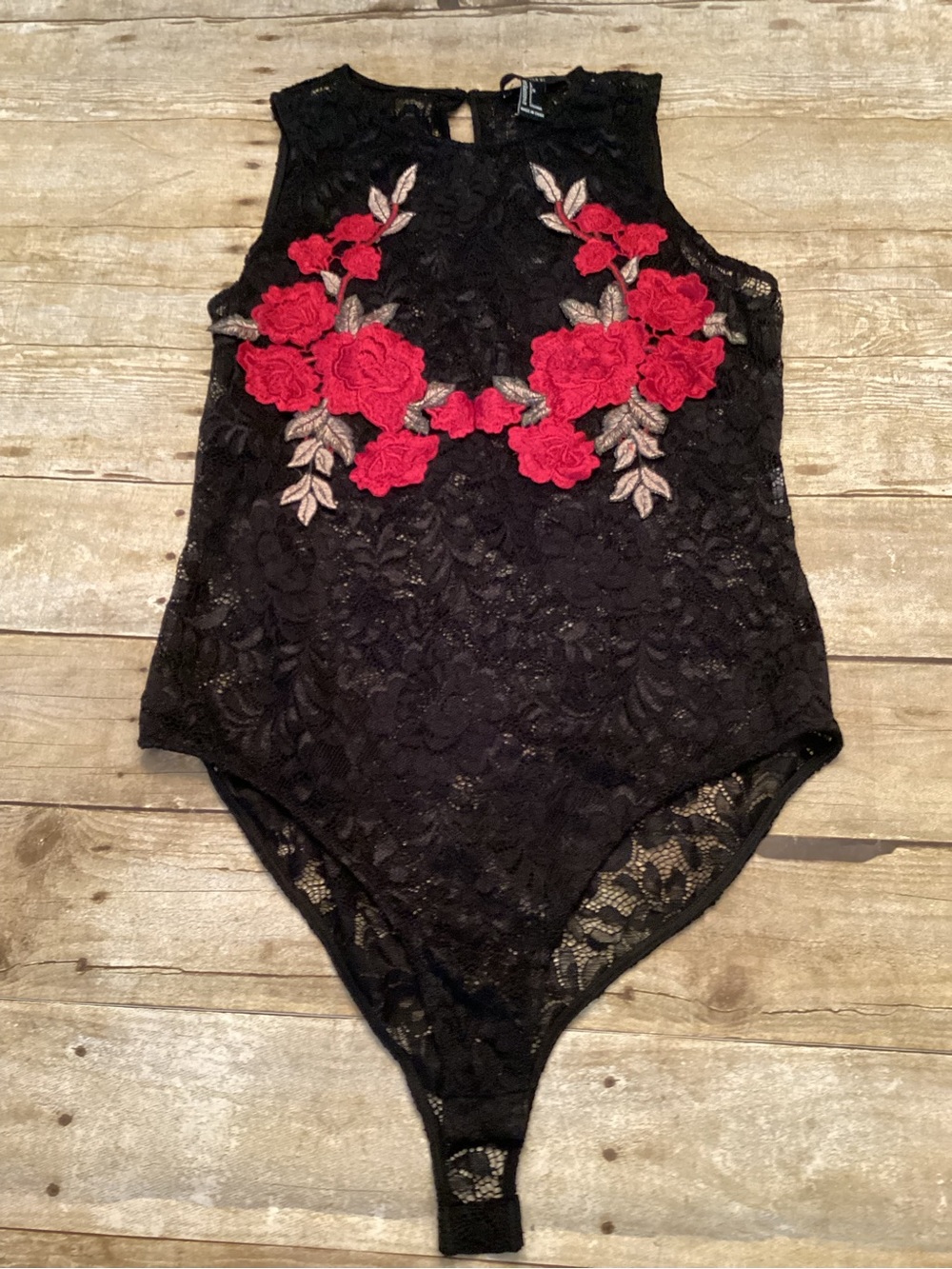 Forever 21 Lace Floral AppliquΓ© Bodysuit - Black with Red Roses